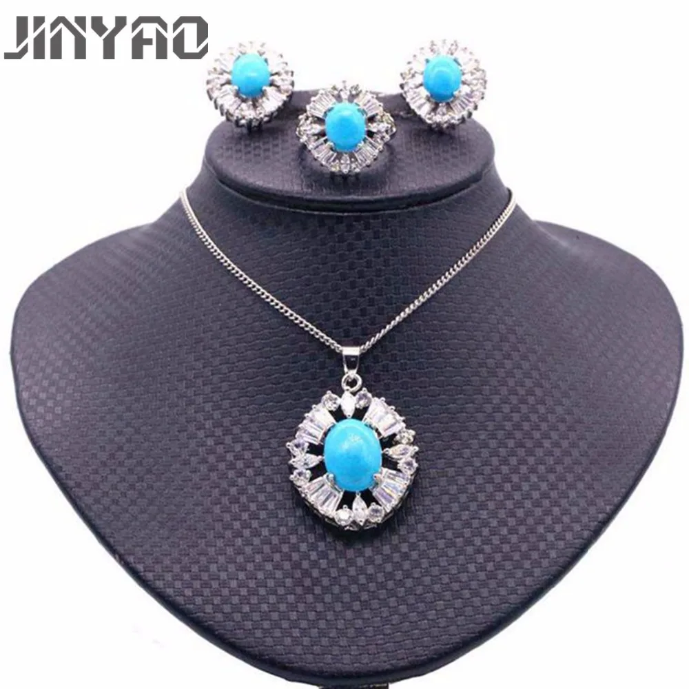 Женские круглые синие камни JINYAO набор из колье и сережек золотого цвета с