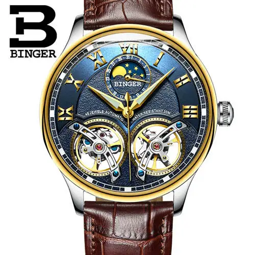 Gold blue B8606B bro Двойной Tourbillon, швейцарские мужские часы, BINGER, оригинальные автоматические часы, мужские Модные механические наручные часы, кожаные часы - Цвет: Gold blue B8606B bro