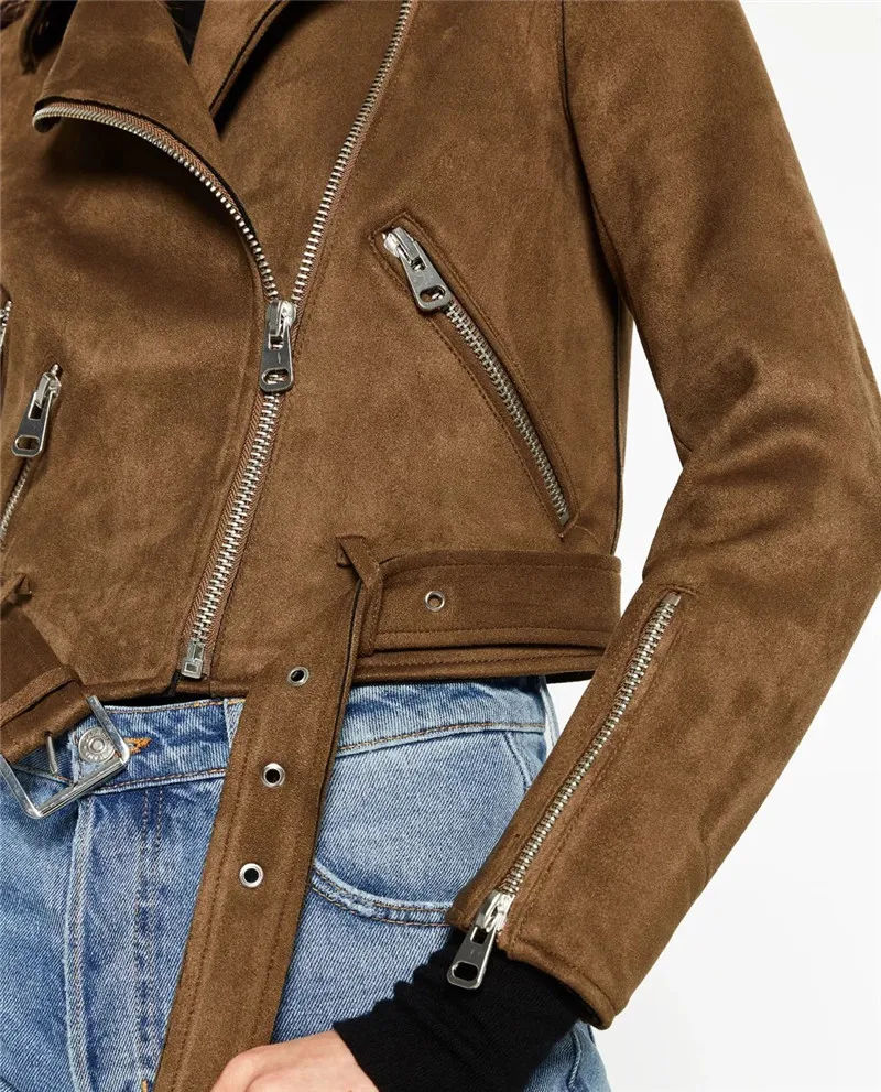 Женская замшевая куртка на молнии однотонная байкерская из искусственной кожи с