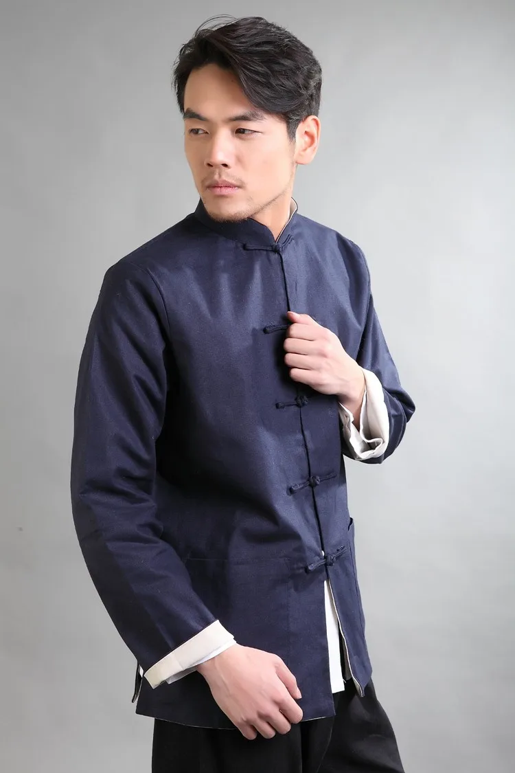 Мужская хлопковая льняная куртка черная бежевая двусторонняя с длинным рукавом