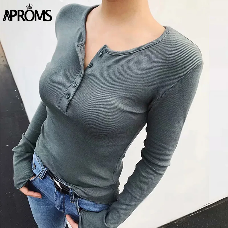 Aproms корейская мода длинный рукав ребристая трикотажная футболка Женская Осенняя уличная одежда базовый Тонкий Топ женский пуговицы конфетных цветов футболка