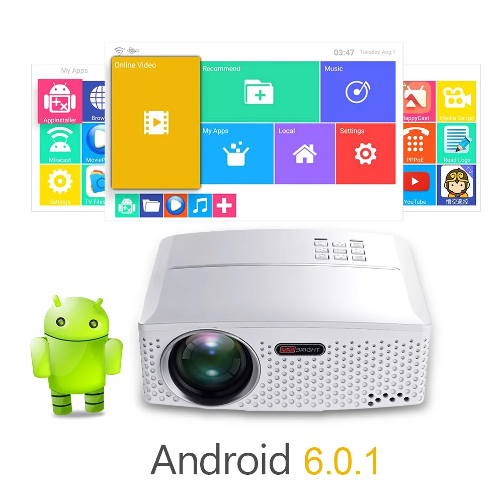 VIVIBRIGHT 1800 люмен светодиодный проектор GP80/UP. (опционально Android 6.0.1 wifi Bluetooth простой