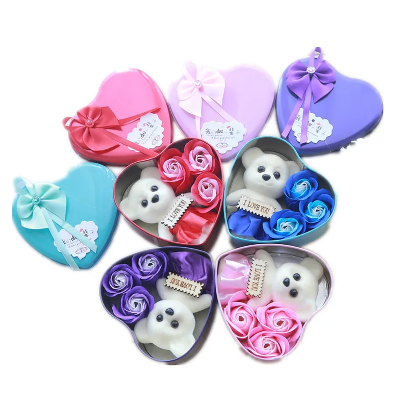 

Decoration Artificial Mini Rose Soap Flower Bubble Bear Heart Gift Box for Christmas Valentine's Day Gift Wedding Party Gift E
