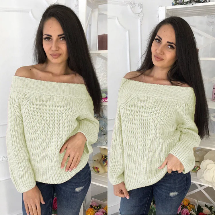 

hot sales Europe style off shoulder neckline woman sweater fashion pullover long sleeve solid female knit sweater