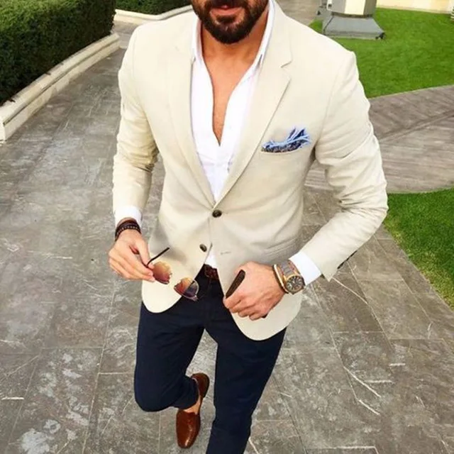 Slim Fit Mens Casual Suit Beige Blazer Navy Blue Pants 2 Pieces Men Wedding Tuxedo Business Suits Custom Made Dinner Party Suit
