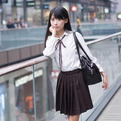 brown long sleeves Корейская школьная форма, костюм для выступлений, студенческий костюм, Женская японская школьная форма, белая рубашка+ юбка+ воротник, веревка+ носки - Цвет: brown long sleeves