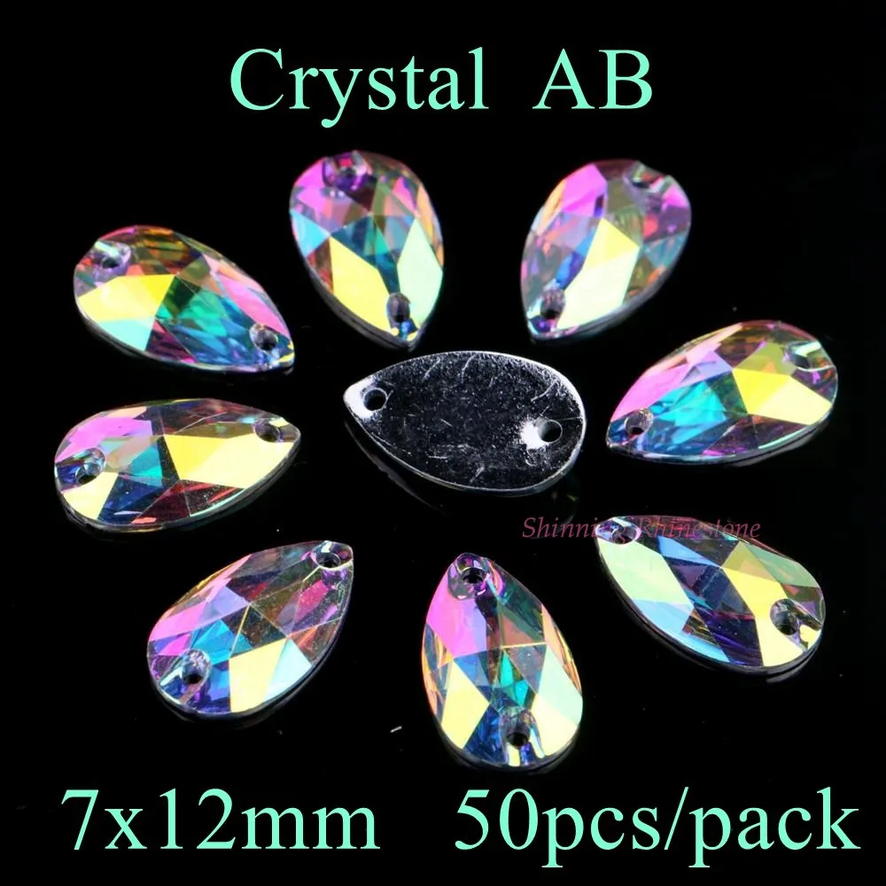 Crystal AB 7x12mm Каплевидная форма три размера Кристалл AB/прозрачный AB Цвет пришивные стразы из смолы с двумя отверстиями плоские с оборота камни - Цвет: Crystal AB 7x12mm