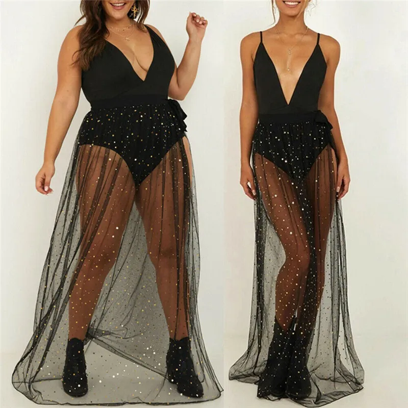 

Hitmebox 2019 New Women See Through Split Beachwear Skirts Sexy Night Club Sequins Elastic Waist Net Full Long Skirts for Ladies