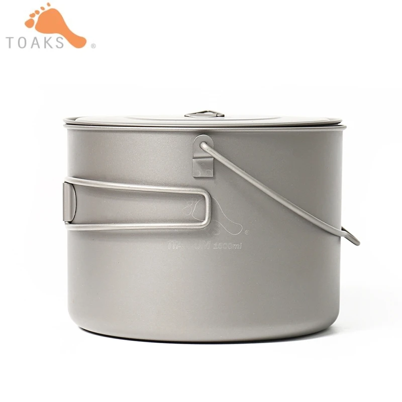 

TOAKS 1600ml Titanium Hanging Pot With Bail Handle for Outdoor Camping Picnic for Firewood or Gas Cooking Mesh Bag POT-1600-BH