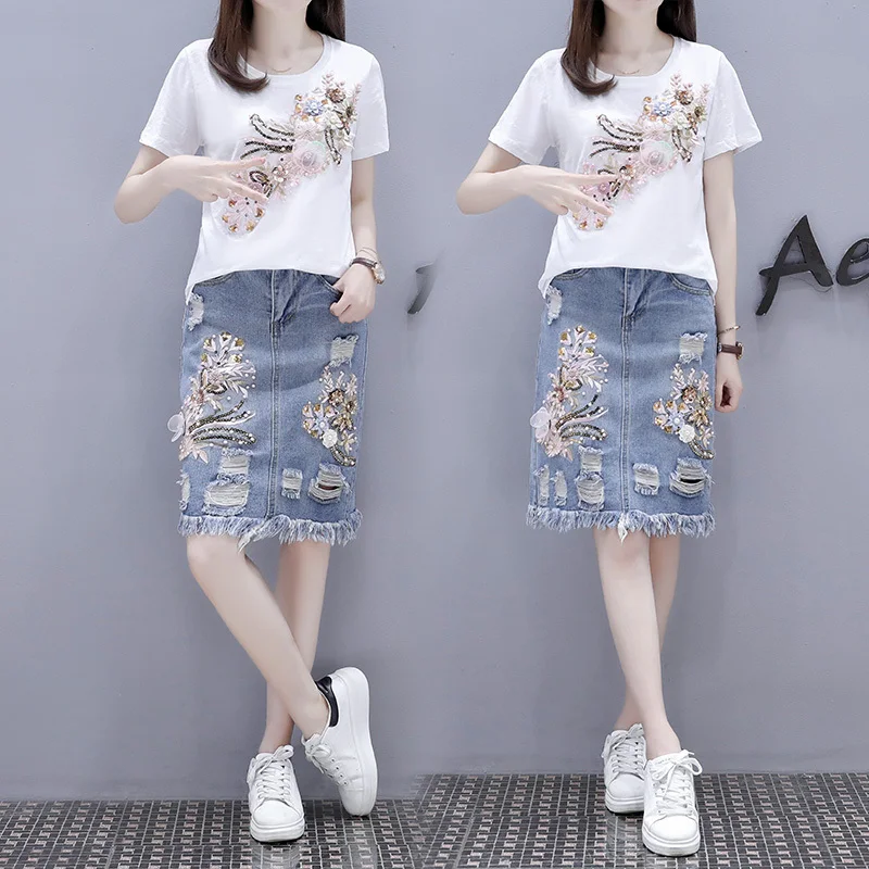 Женская Аппликация 3D цветок вышивка блестками хлопковые футболки + кисточки