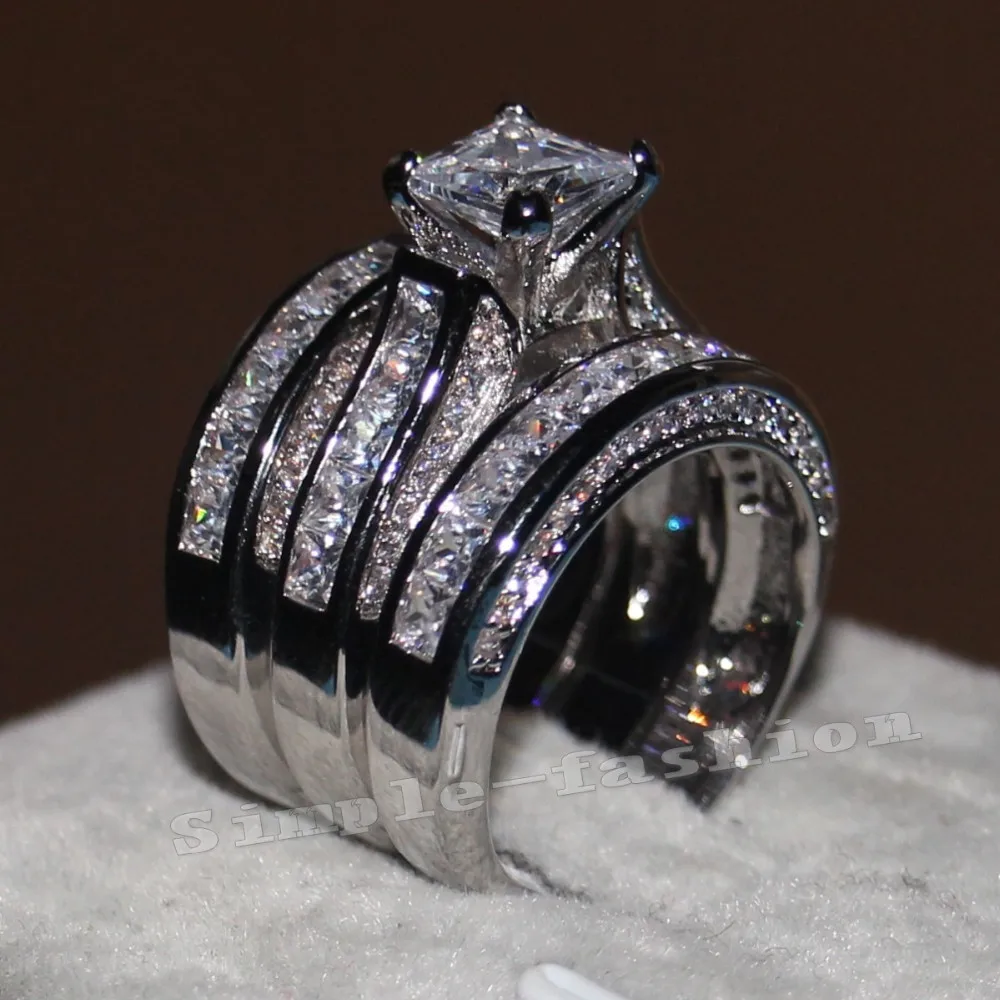 Модные украшения Для женщин полный 20ct Cz кольцо с камнем рождения 14KT кольцо из белого золота с 3-в-1 Обручение обручальное кольцо