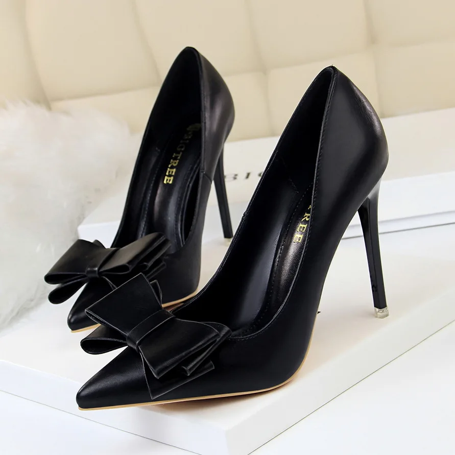 

Heel Shoes Pink Heels Woman Blue Sweet Bow Women White High Heels Matte Leather Pumps Thin Heel Pointed Ladies Fashion