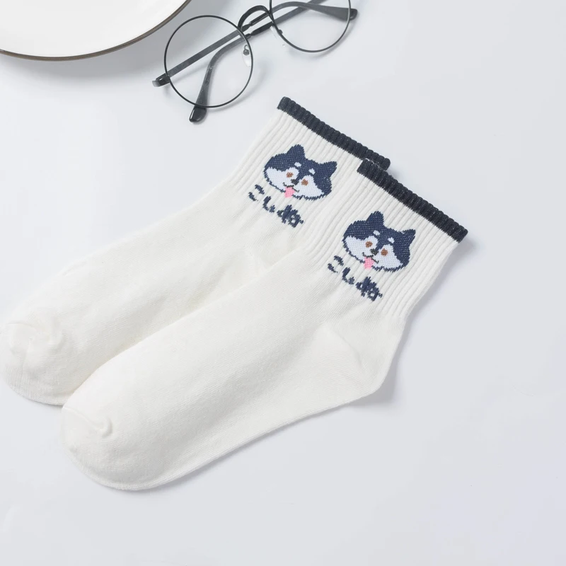navy blue HUI GUAN, элегантные милые белые носки, женские повседневные носки с принтом собаки Kawaii, винтажные мягкие хлопковые забавные стильные эластичные художественные носки - Цвет: navy blue