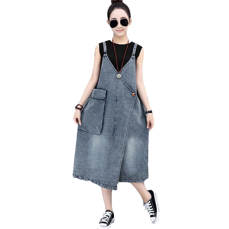 

Oversized Spring Women Denim Strap Dress One-Piece Dress Loose Casual Fashion Slim Large Pocket Strap Dress Female Large size