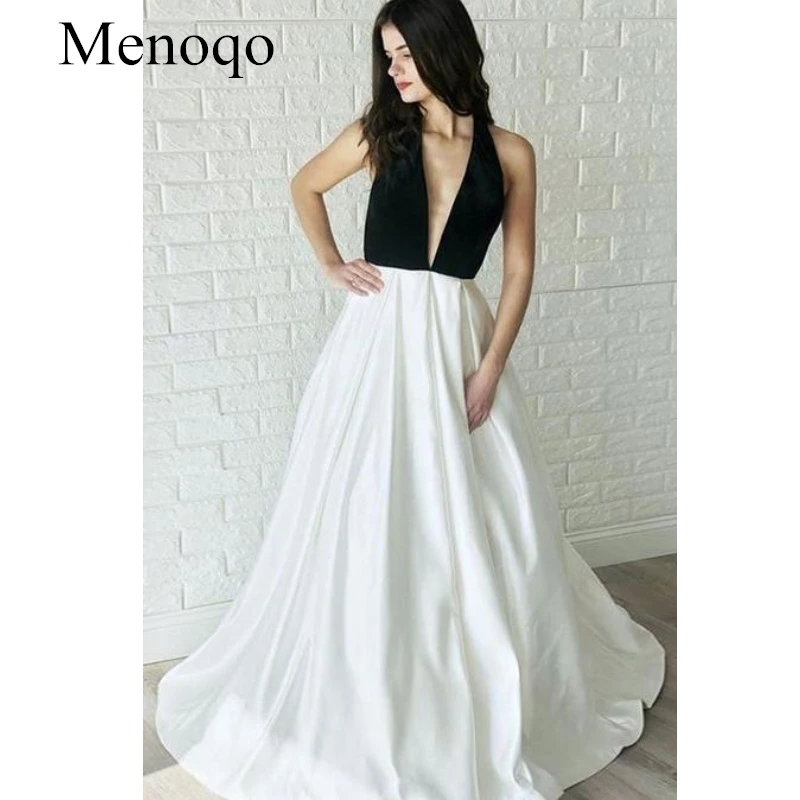 

Menoqo Satin Black and White Evening Dresses with Halter Neckline