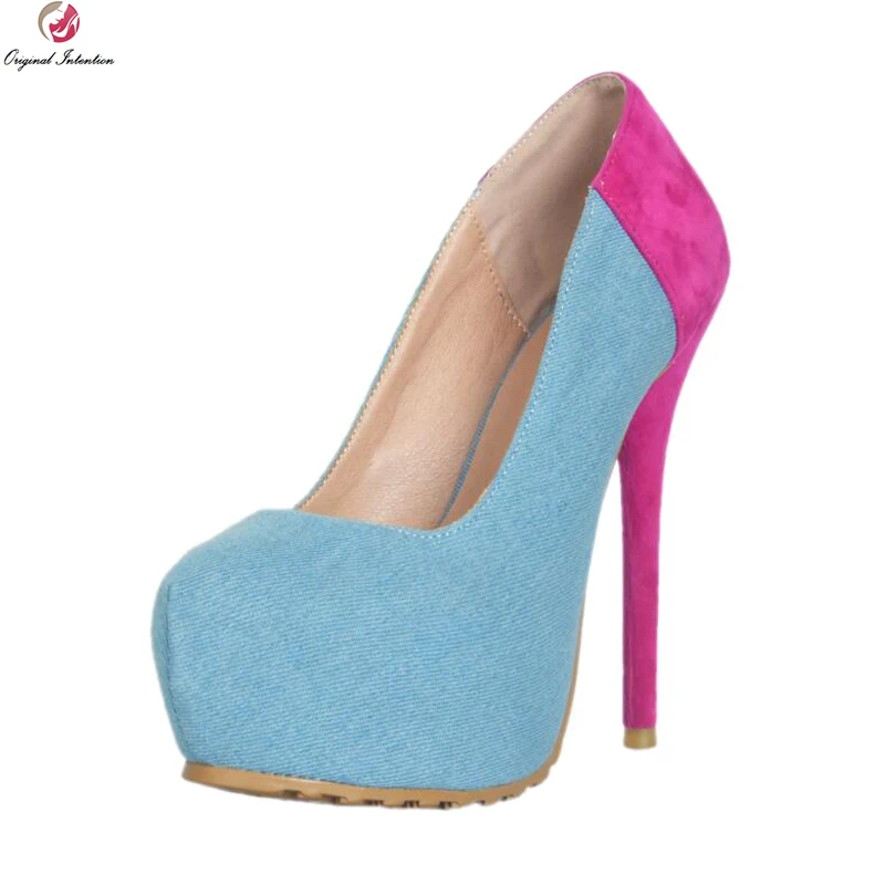 

Original Intention Fashion Women Pumps Stylish Round Toe Thin High Heels Pumps Nice Blue & Fushcia Shoes Woman Plus US Size 4-15