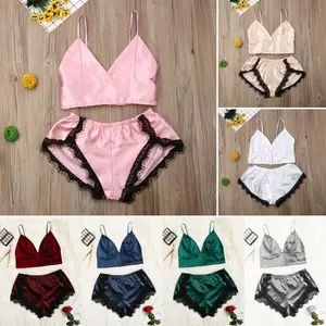 2 шт.компл. женское сатиновое кружевное нижнее белье с треугольным вырезом babydoll, ночная рубашка, Пижамный костюм, комплекты, 8 видов цветов