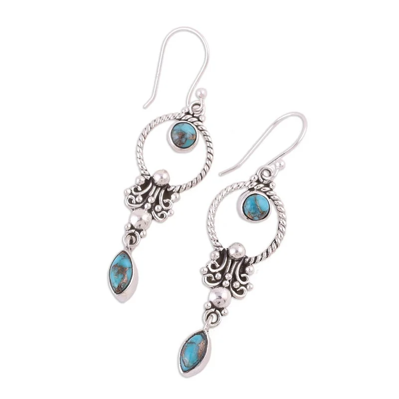 

Boho Blue Natural Stone Dangle Earrings Women Turkish Tibetan Big Circle Ear Hook Oorbellen Indian Jewelry 2019 Earrings L3E765