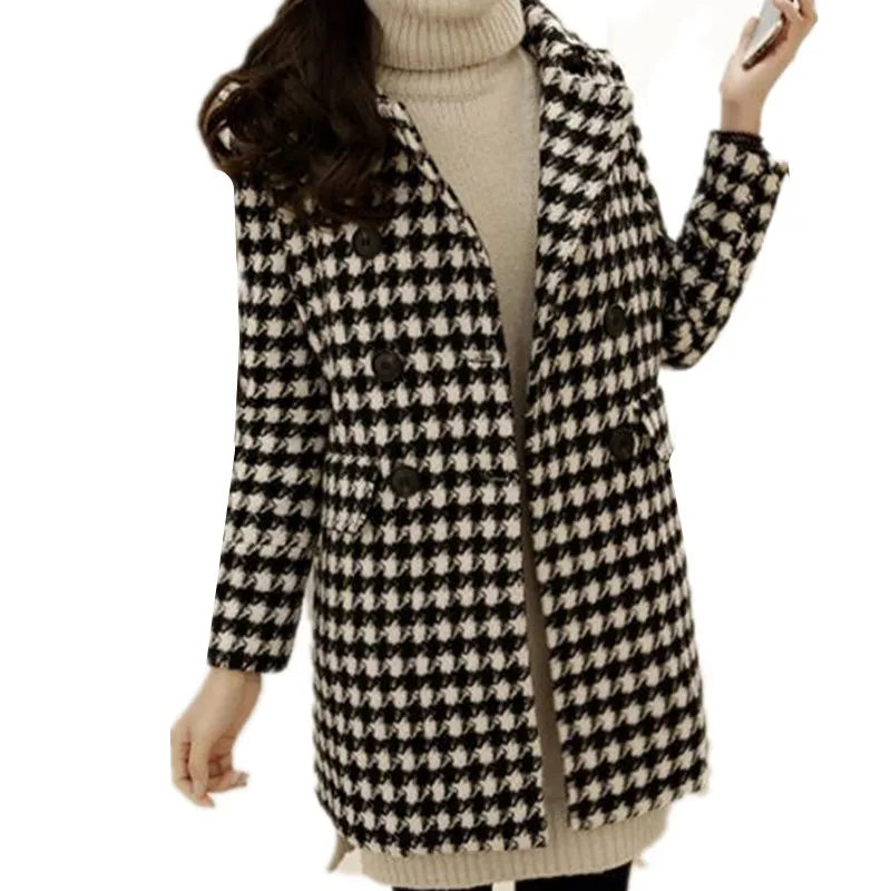 2018 осенне зимнее Новое двубортное шерстяное пальто средней длины с узором