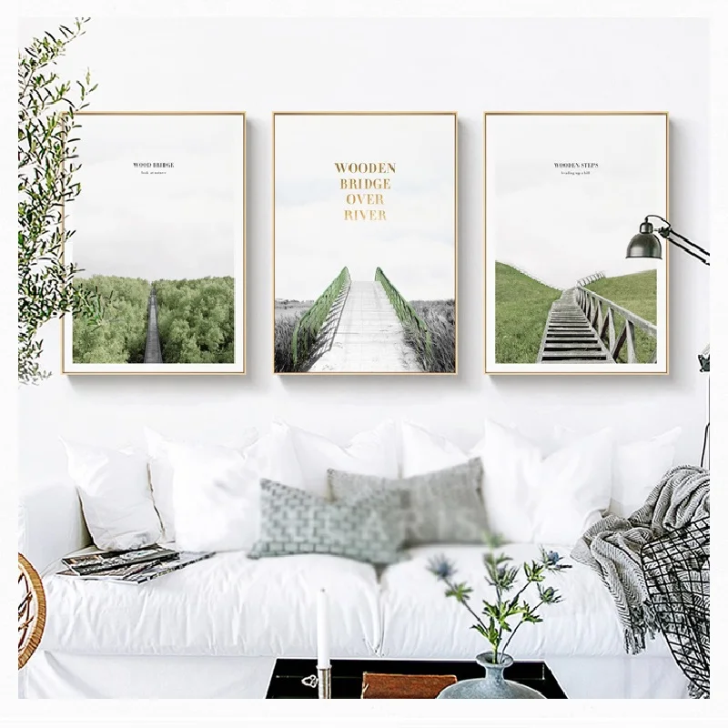 Modern Nordic Peaceful Landscape Light Green Grassland Golden Letters Artistic Canvas Posters Picture for Bedrome Decoration | Дом и сад