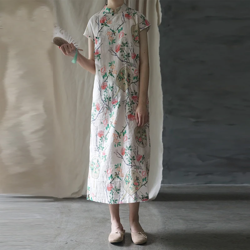 Johnature, винтажное ТРАПЕЦИЕВИДНОЕ летнее платье с принтом, короткий рукав, пуговица, воротник-стойка, новинка, одежда, длина до середины икры, свободное женское платье