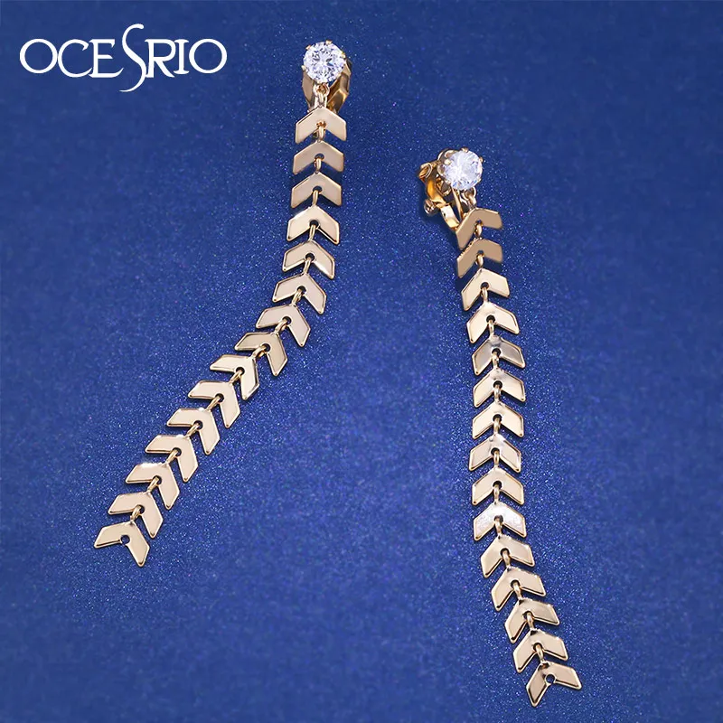 Женские серьги клипсы OCESRIO золотые длинные без отверстия с фианитом ers j65|long clip|long