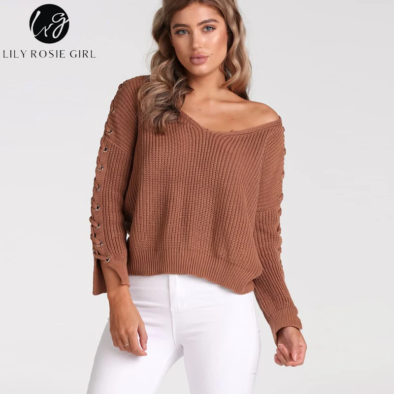 Lily Rosie Girl Sexy V образным вырезом на шнуровке с длинным рукавом Женские свитера