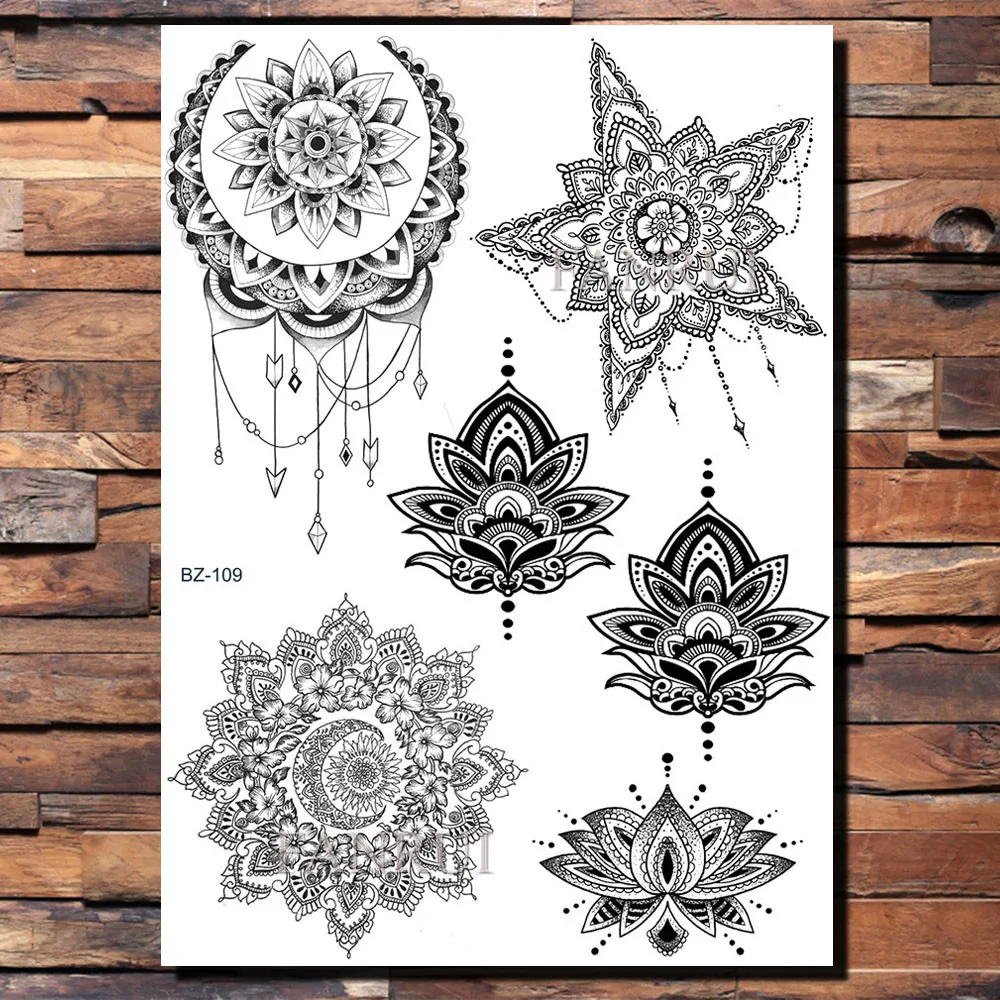 Женские Временные татуировки FANRUI Owl Lotus Mehndi фальшивые с кулоном черная хна