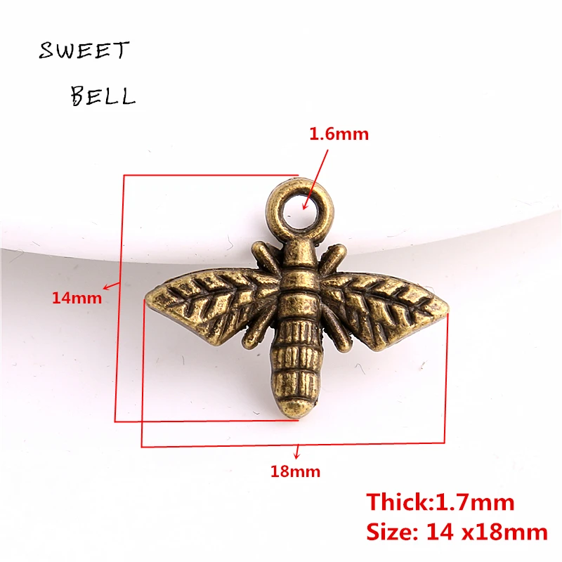 SWEET BELL 80 Pcs 14*18mm Two color metal bee charms Pendant necklace jewelry for diy jewelry making 3C455 images - 6
