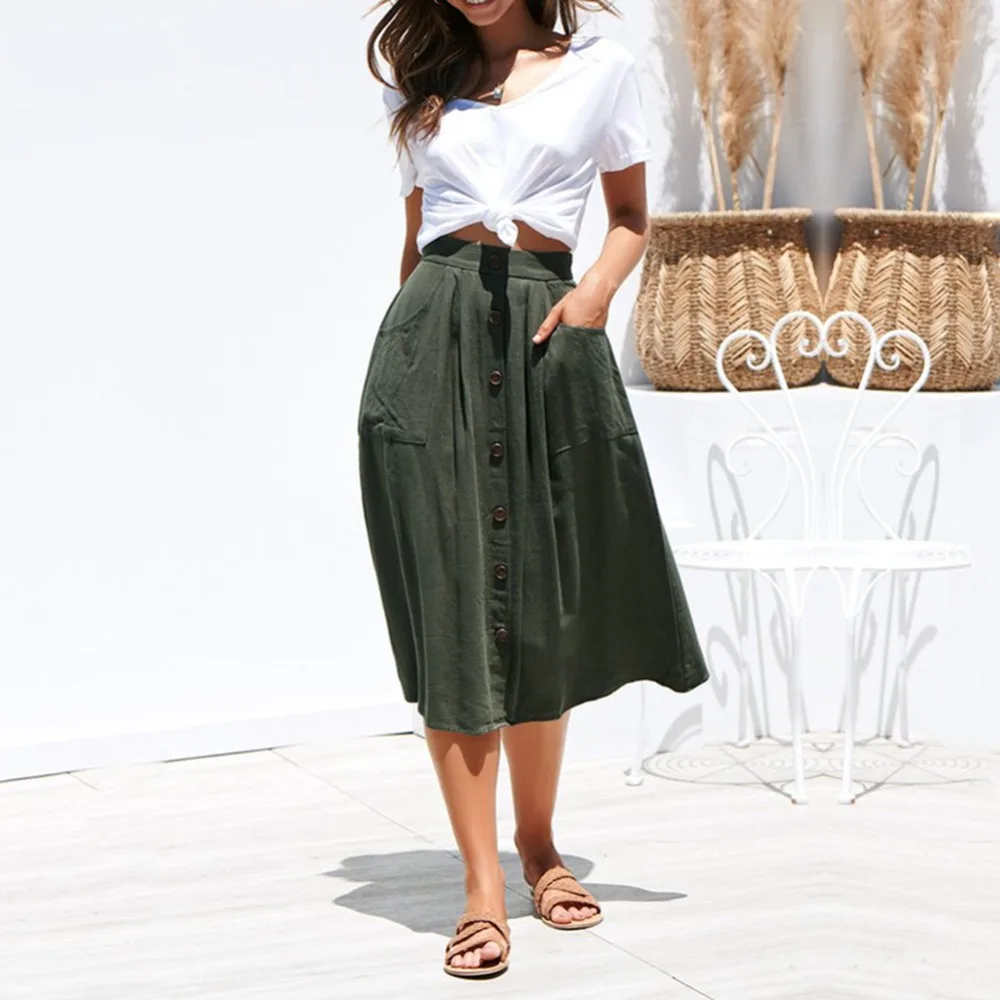 Женская винтажная Однотонная юбка средней длины с пуговицами и карманами