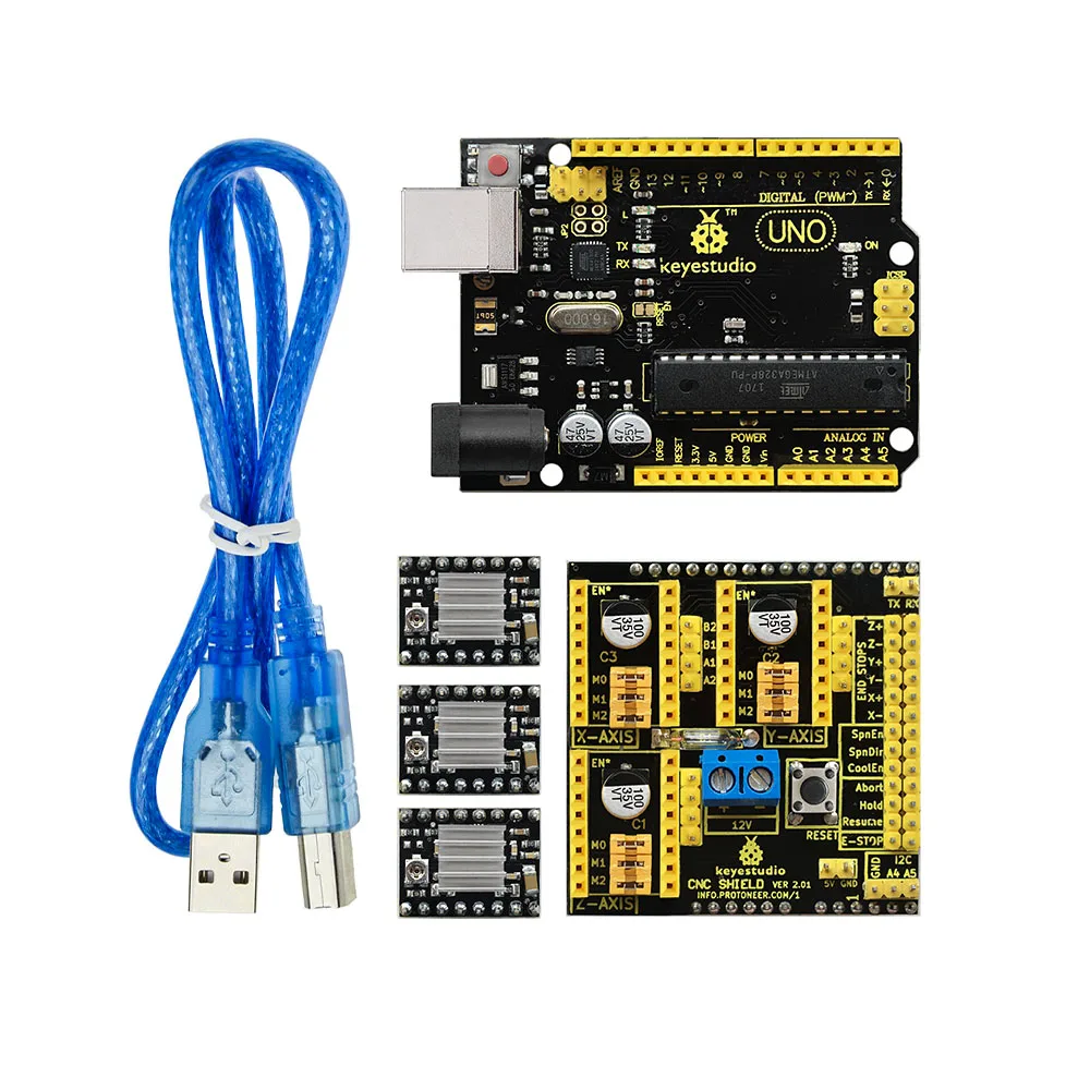 Keyestudio CNC Комплект для arduino CNC Shield V2+ UNO R3+ 3xA4988 GRBL совместимый