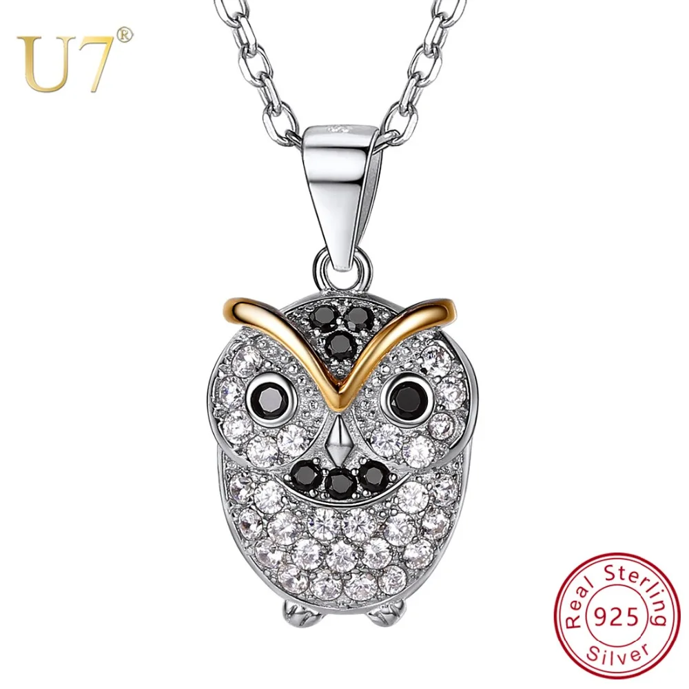 

U7 Animal Owl Choker Necklaces for Women Authentic 925 Sterling Silver CZ Statement Necklace Chain Bijoux Jewelry Gift SC238