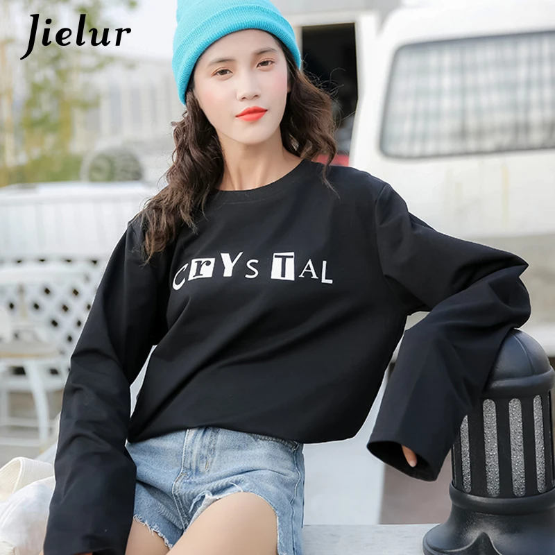 Jielur 2019 харадзюку шикарные футболки с буквенным принтом женские осенние