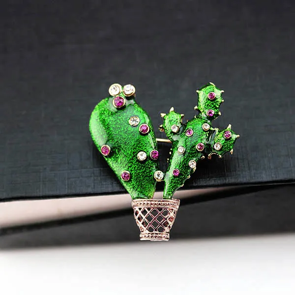Зеленая эмалированная брошь кактус Дамская кристальная бутоньерка на костюм