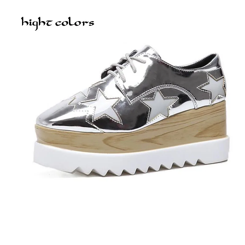 Женские туфли-лодочки на высокой танкетке с пятиконечной звездой шнуровке из