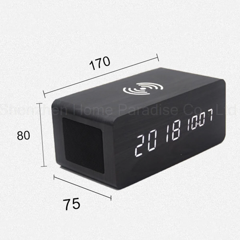 

Wood Alarm Clock Bluetooth Speaker Voice Control Digital Alarm Clock LED Wireless Charging Phone Temperature Wooden Table Clocks