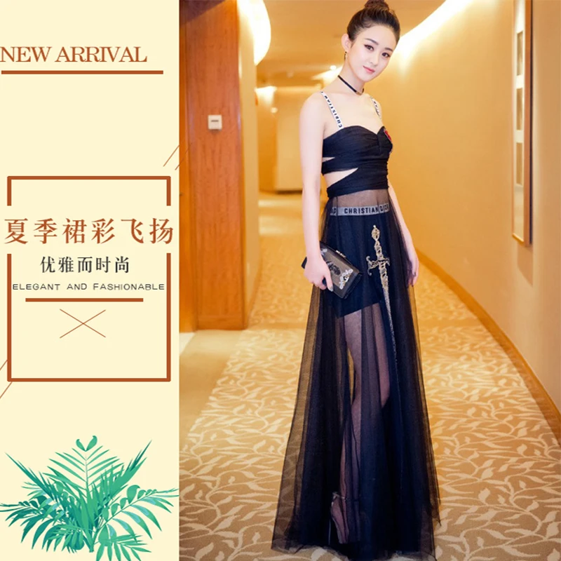 2019 женское вышитое торжественное платье Черное длинное тонкое сексуальное