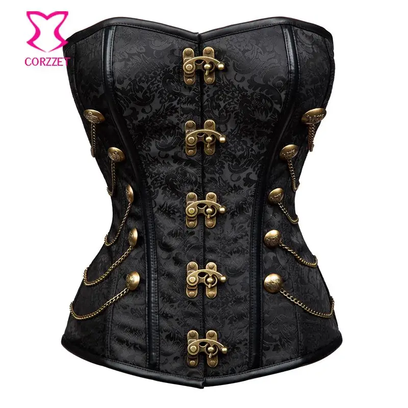 

Corzzet Black Brocade Leather Steampunk Overbust Corsets With Chain Gothic Bustier Spiral Boned Brown /Black/Red Retro Corset