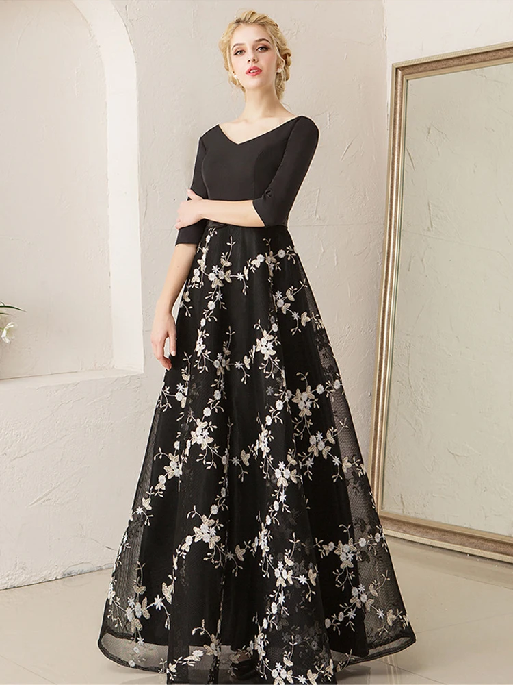 Вечернее платье черное сексуальное с v-образным вырезом Robe De Soiree длинного размера плюс с открытой спиной платья для выпускного вечера женские вечерние платья с коротким рукавом E564
