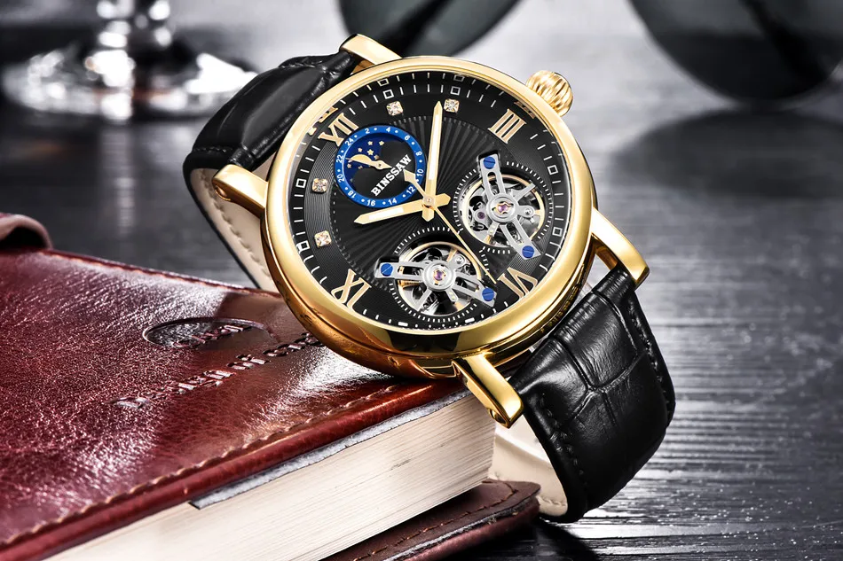 BINSSAW Мужские автоматические механические стальные двойные Tourbillon Роскошные кожаные часы модные деловые спортивные часы Relogio Masculino