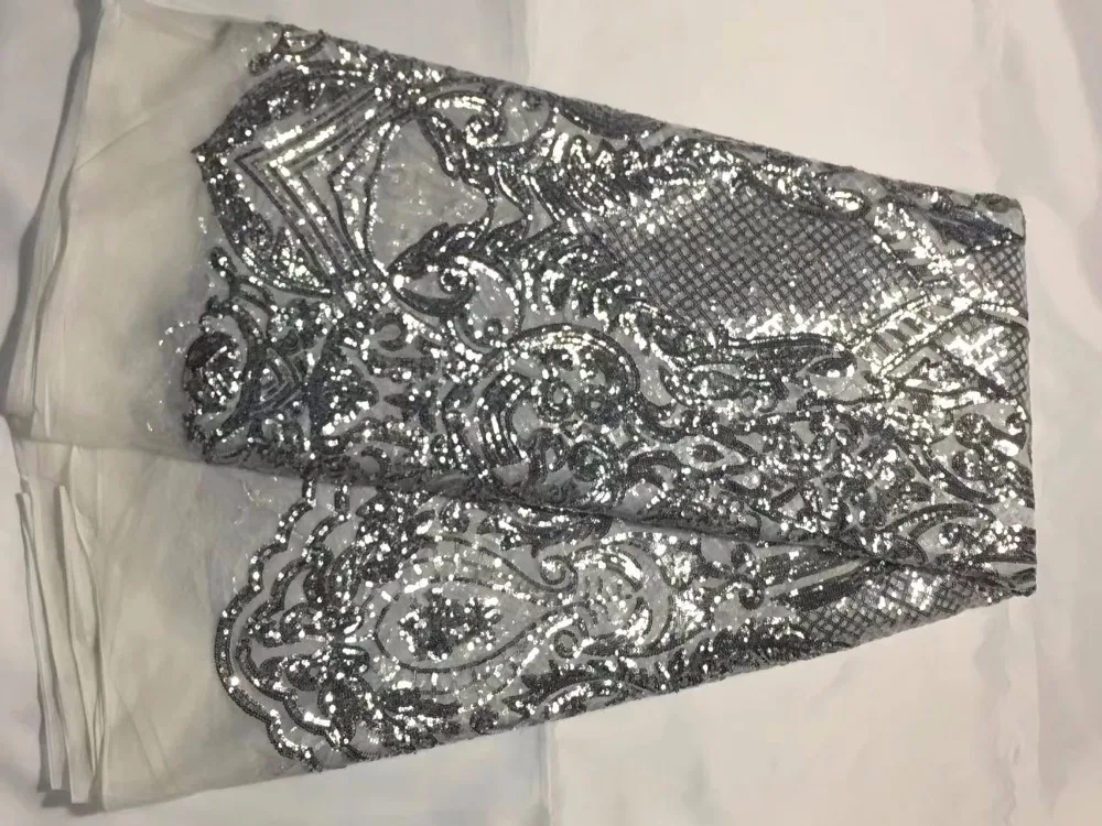 Фото Лидер продаж 2018 французская Серебряная кружевная ткань с блестками