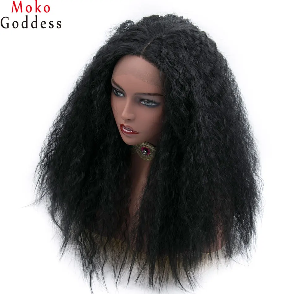 Mokogoddess, 24 дюйма, длинные, афро, кудрявые, прямые, черные, парик из синтетического кружева спереди, парик из термостойкого кружева спереди, парики для женщин