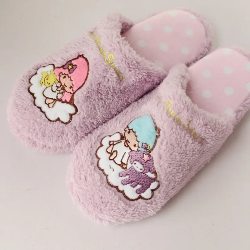 Персонажи Little Twin Stars тапочки по мотивам мультфильмов зимние теплые шлепанцы без задника с открытыми пальцами домашняя обувь из мягкого плюша; мягкие игрушки милые домашние тапочки; подарки для любого пола - Цвет: see chart
