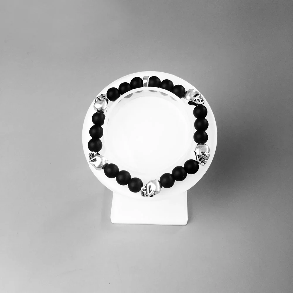 Bracelet Strand with 5 Skulls Obsidian Beads 2018 New Blackened Silver Fashion Jewelry Punk Gift for Men Boy Women Girls | Украшения и