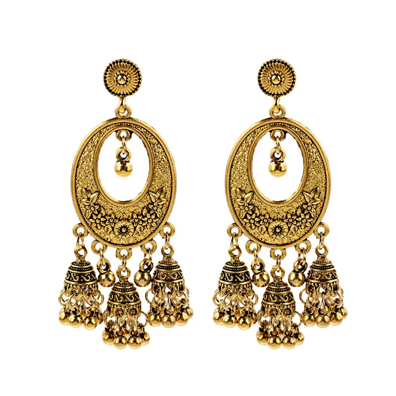 HXE098-1 OIQUEI индийские серьги Jhumka ювелирные изделия для женщин Бохо этнические винтажные круглые резные Большие колокольчики длинные висячие серьги с кисточкой - Окраска металла: HXE098-1