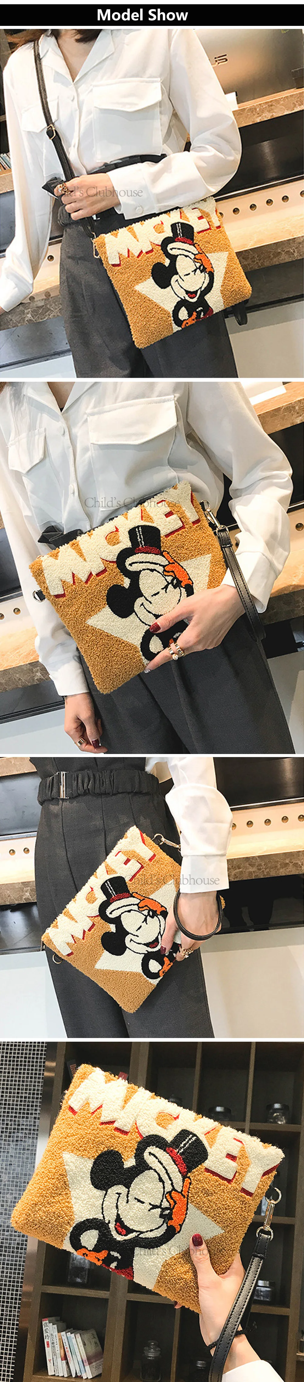 Плюшевый рюкзак disney с Микки Маусом, женская сумка-мессенджер, женские сумки через плечо, короткие плюшевые сумки-клатчи для девочек