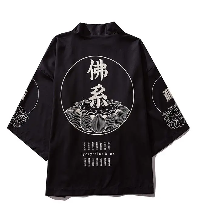 B7057black Summer New Chinese Character Men Cardigan Sunscreen Jacket Fashion Printed Male Harajuku Streetwear Japanese Kimono Jackets Coat - Цвет: B7057black