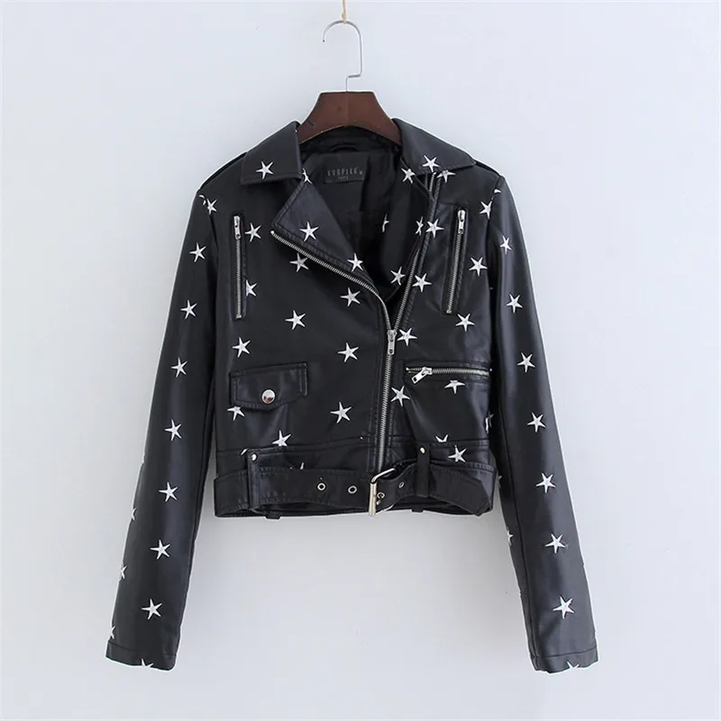 NXH Street Fashion PU Leather Jacket New Womens Star Embroidery Casual Motorcycle Jackets bright streetwear clothes women