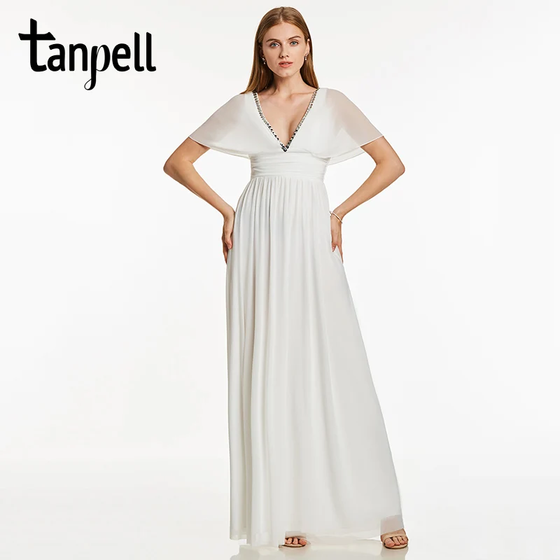 Tanpell длинное вечернее платье с v-образным вырезом цвета слоновой кости, расшитое бусинами с короткими рукавами, длина до пола, платье трапециевидной формы, недорогое женское вечернее платье в стиле ампир