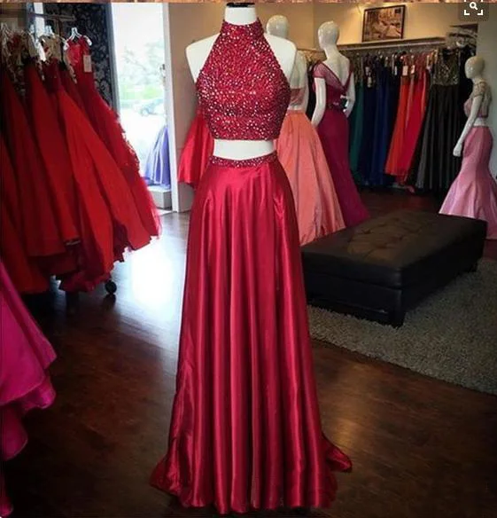 Setwell 2019 Two Pieces High Neck Sheath Evening Dress Sleeveless Top Fully Beaded Floor Length Prom Party Gown With Split | Свадьбы и